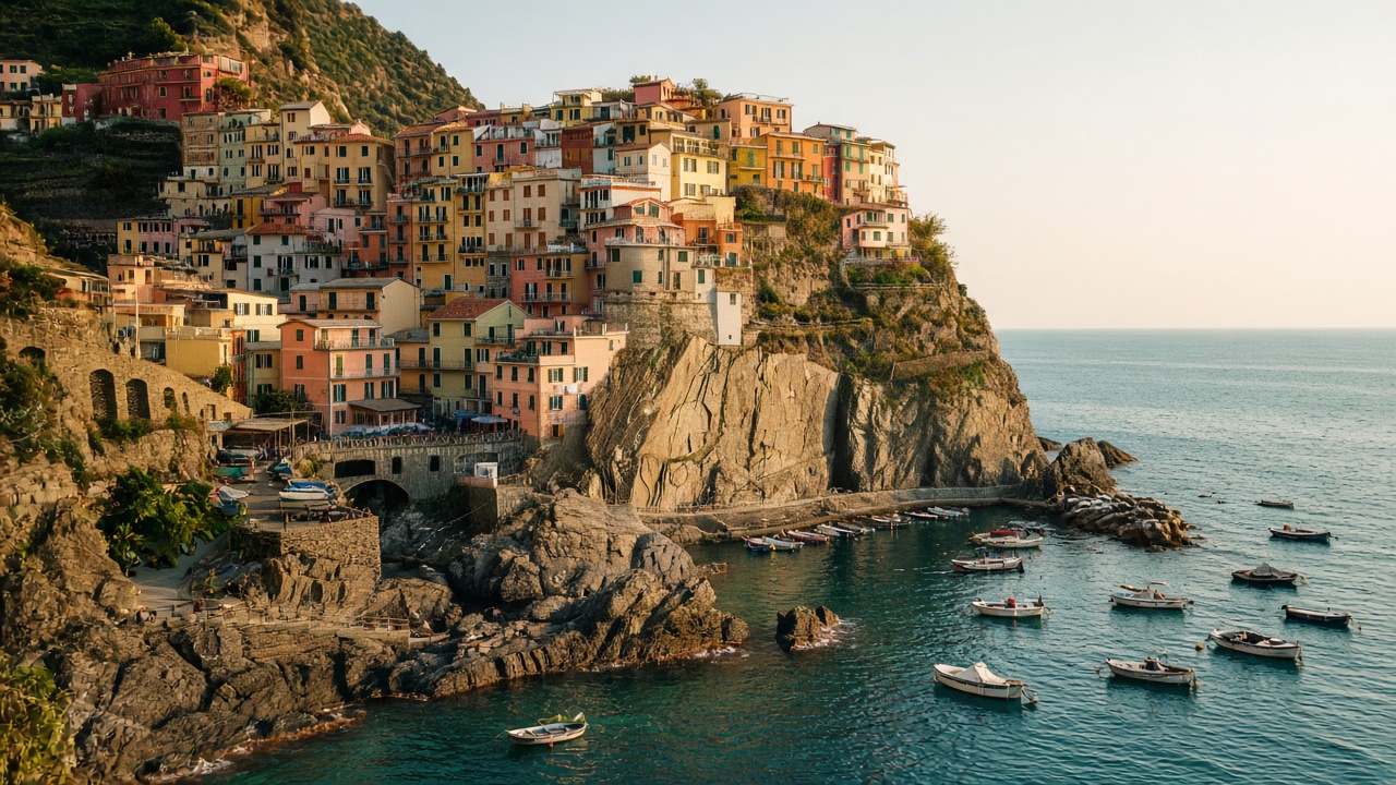 Case colorate din Cinque Terre, deasupra unui port mediteranean luminat de soare